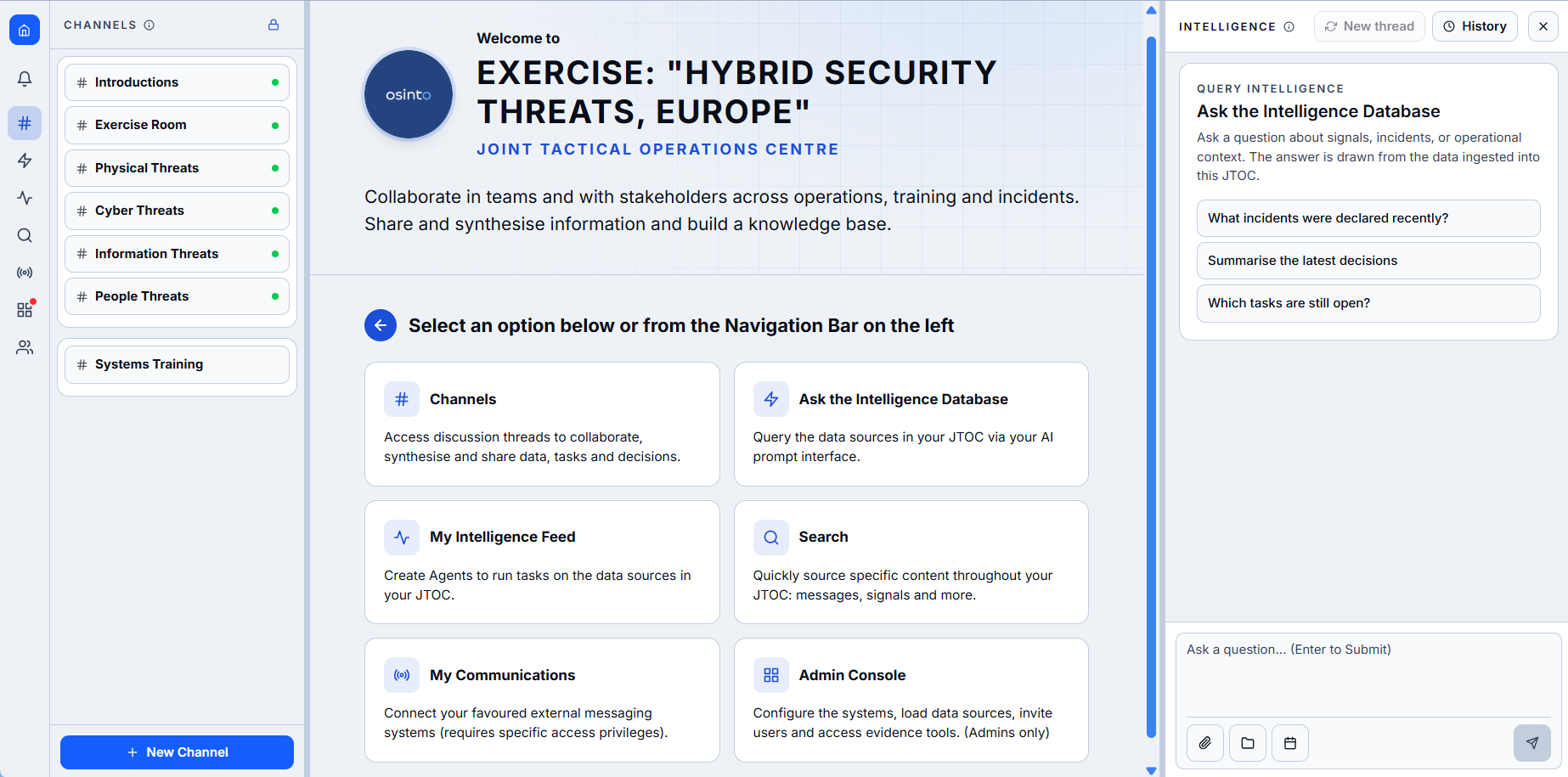 The exercise JTOC: the Exercise Room and threat channels on the left, and the Intelligence Database on the right